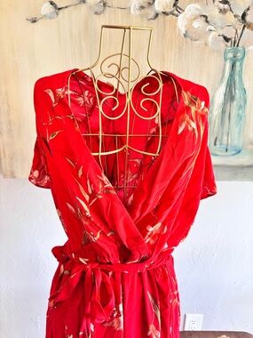 Cecè Red Floral Maxi Dress 2X Boho Flowy Viscose Wrap Style NWT